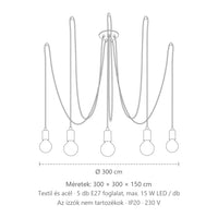 Pók függőlámpa fekete textilkábelekkel méretei (5 izzós): 300 × 300 × 150 cm