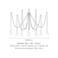 Pók függőlámpa fekete textilkábelekkel méretei (7 izzós): 300 × 300 × 150 cm
