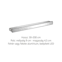 A polcos LED fali lámpa méretei: hossz 30–200 cm, mélység 9 cm