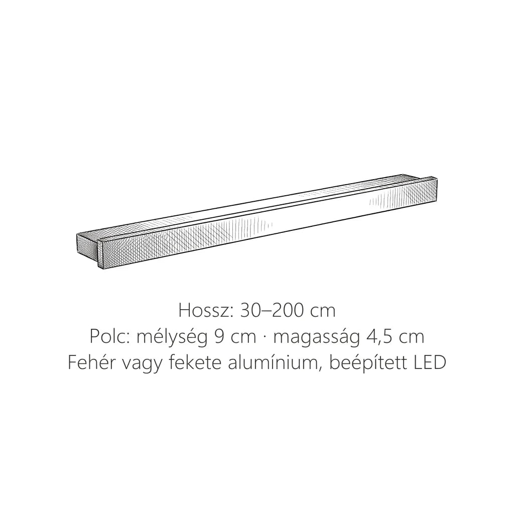 A polcos LED fali lámpa méretei: hossz 30–200 cm, mélység 9 cm