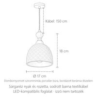 Porcelán függőlámpa méretei: Ø 17 cm, 18 cm magas