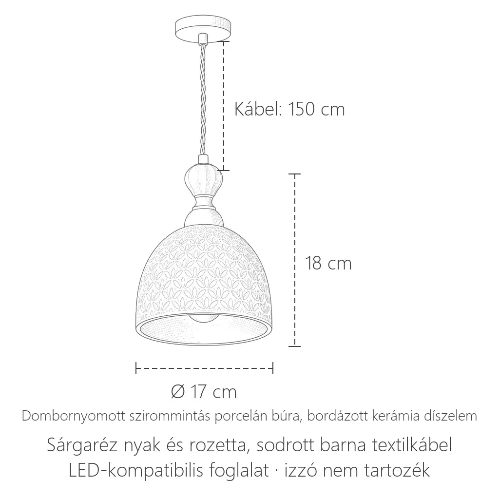 Porcelán függőlámpa méretei: Ø 17 cm, 18 cm magas