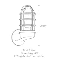 Rácsos hajólámpa fali lámpa méretei: 20 cm magas, Ø 10 cm