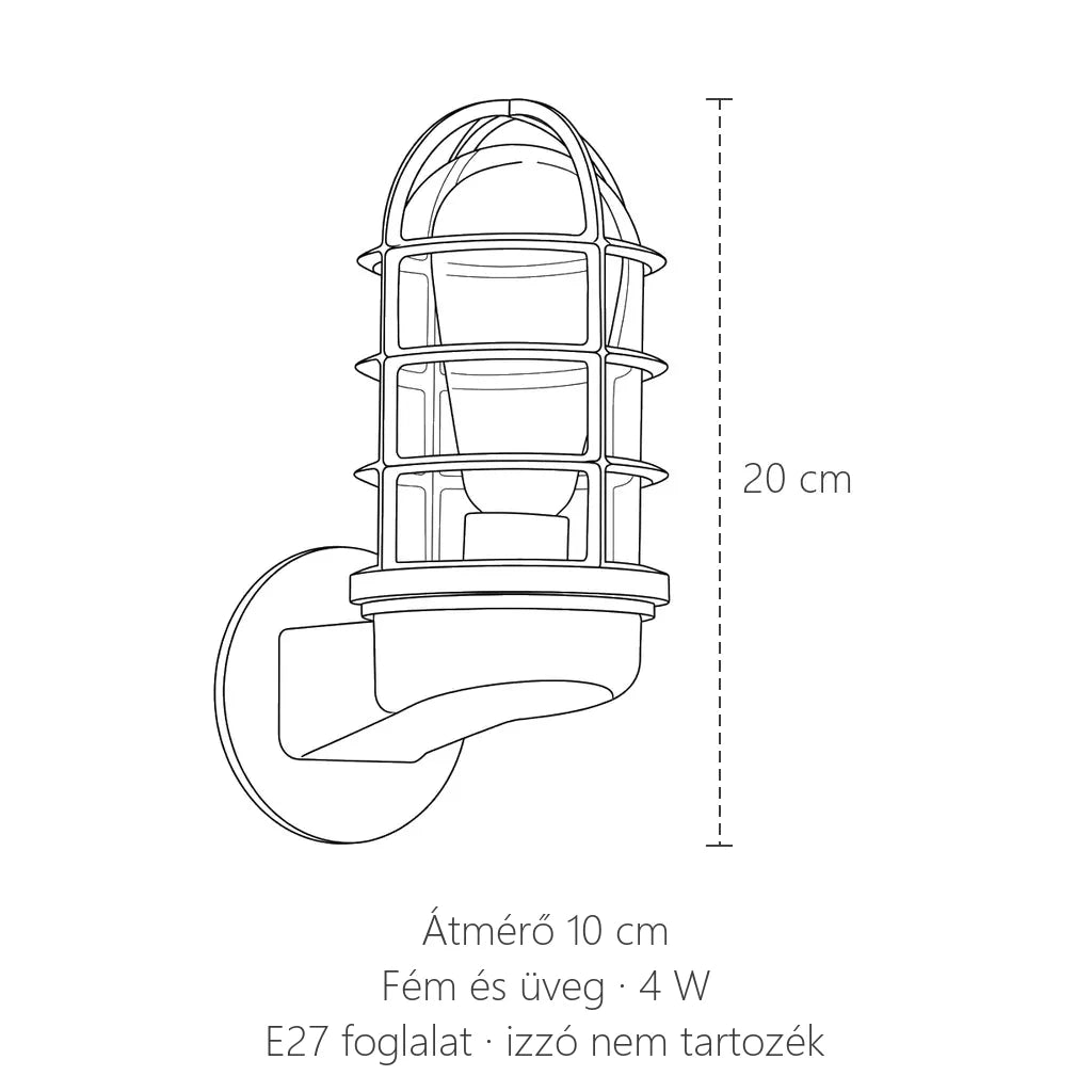 Rácsos hajólámpa fali lámpa méretei: 20 cm magas, Ø 10 cm