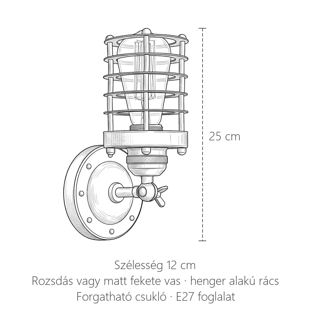 Rácsos ipari fali lámpa méretei: 25 cm magas, 12 cm széles