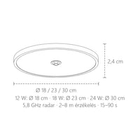 Radaros mozgásérzékelős lámpa méretei: Ø 18, 23 vagy 30 cm, 2,4 cm magas