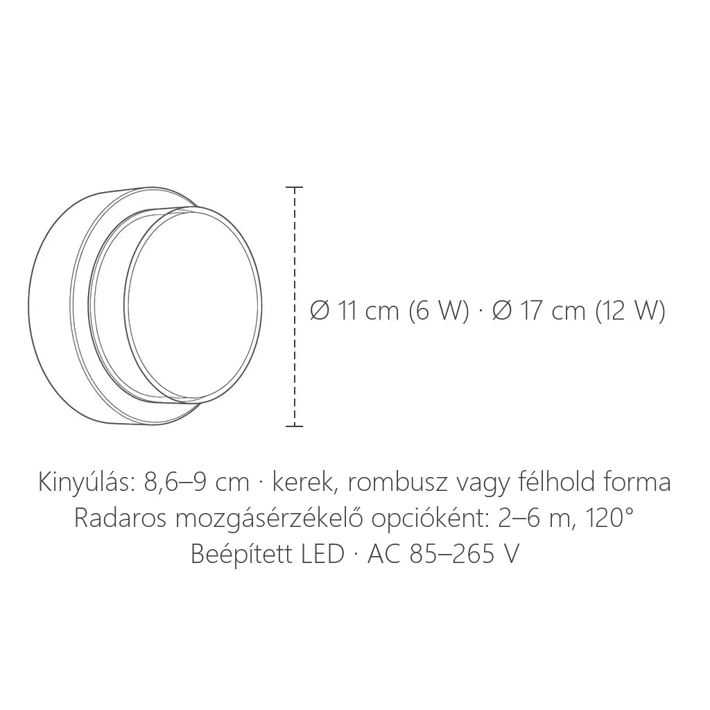 Radaros LED fali lámpa méretei: Ø 11 vagy 17 cm, kinyúlás 8,6–9 cm