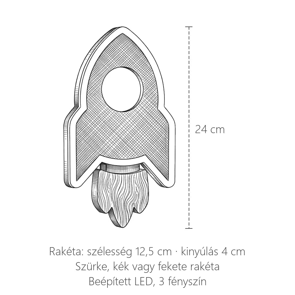 Rakéta formájú gyerek fali lámpa méretei: 24 × 12,5 cm