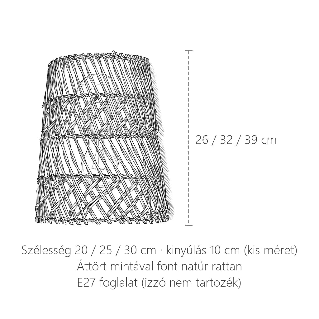 Rattan félkúp fali lámpa méretei: 26, 32 vagy 39 cm magas