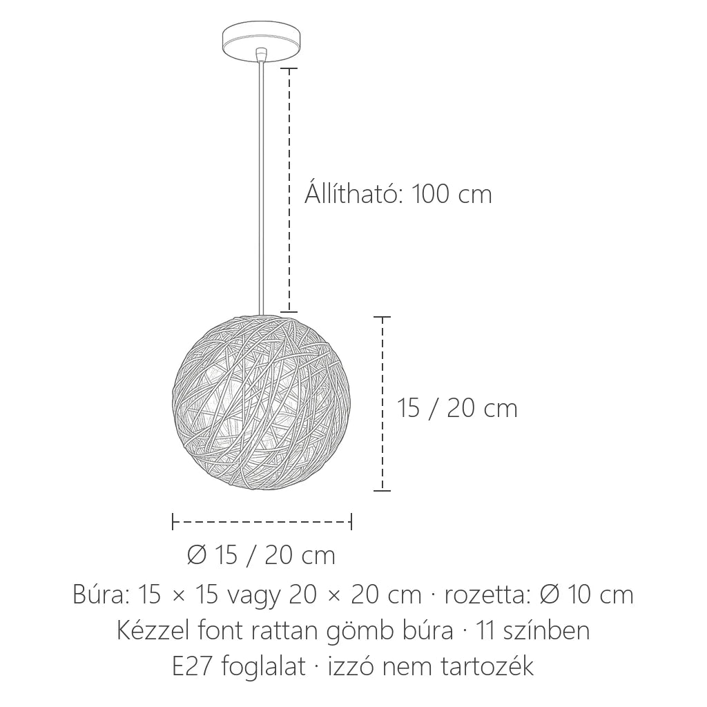 Rattan gömb függőlámpa méretei: Ø 15 vagy 20 cm