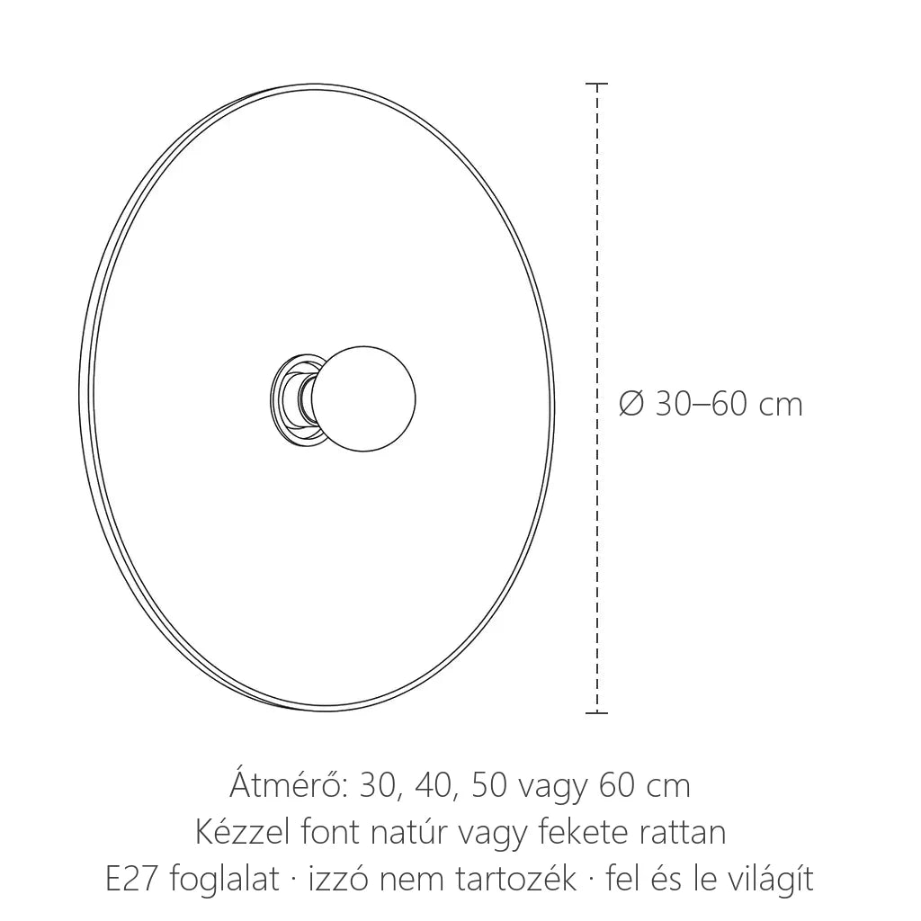 Rattan korong fali lámpa méretei: Ø 30–60 cm