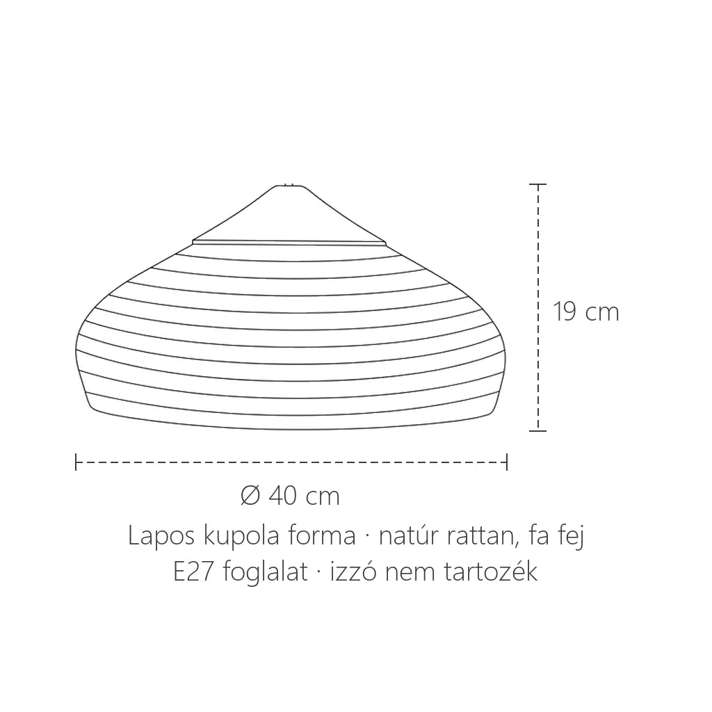 Lapos rattan függő lámpa méretei: Ø 40 cm, 19 cm magas