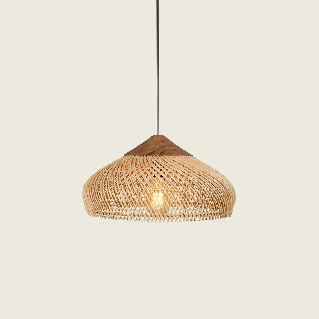 Lapos natúr rattan függő lámpa fa fejjel, Ø 40 cm