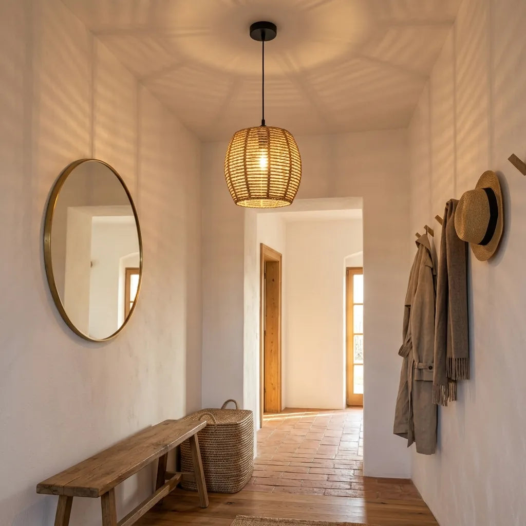 Ovális font rattan lámpabúra világos előszobában