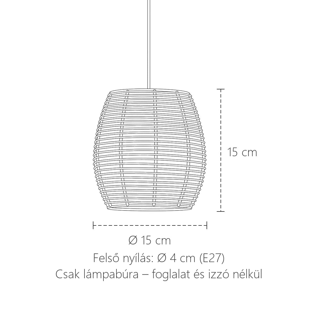 Ovális rattan lámpabúra méretei: Ø 15 cm, 15 cm magas, 4 cm felső nyílás