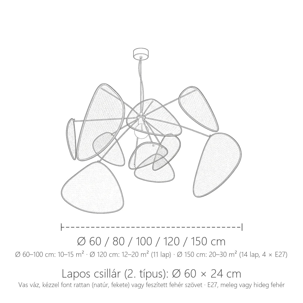 Rattan levélrács csillár méretei: Ø 60–150 cm