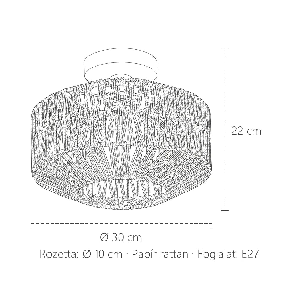Rattan mennyezeti lámpa méretei: Ø 30 cm, 22 cm magas