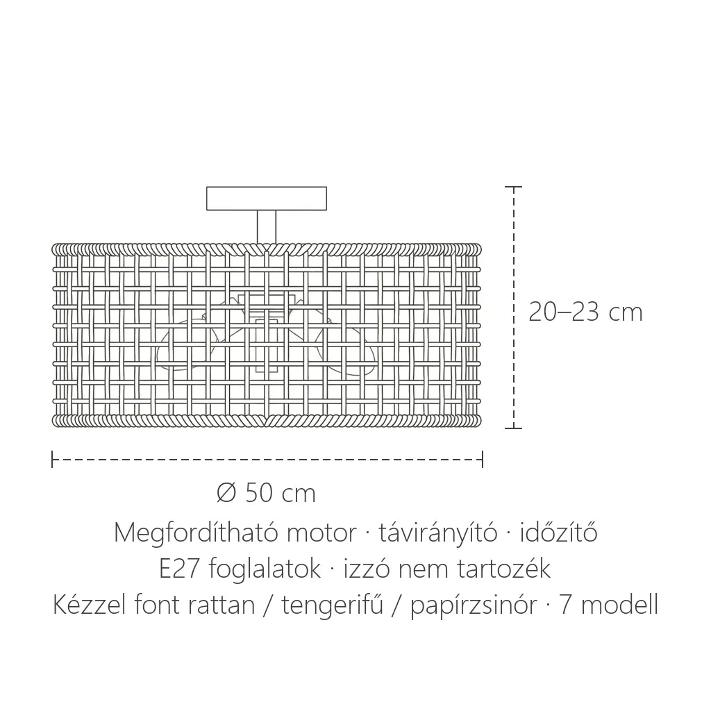 Rattan ventilátorlámpa méretei: Ø 50 cm, 20–23 cm magas
