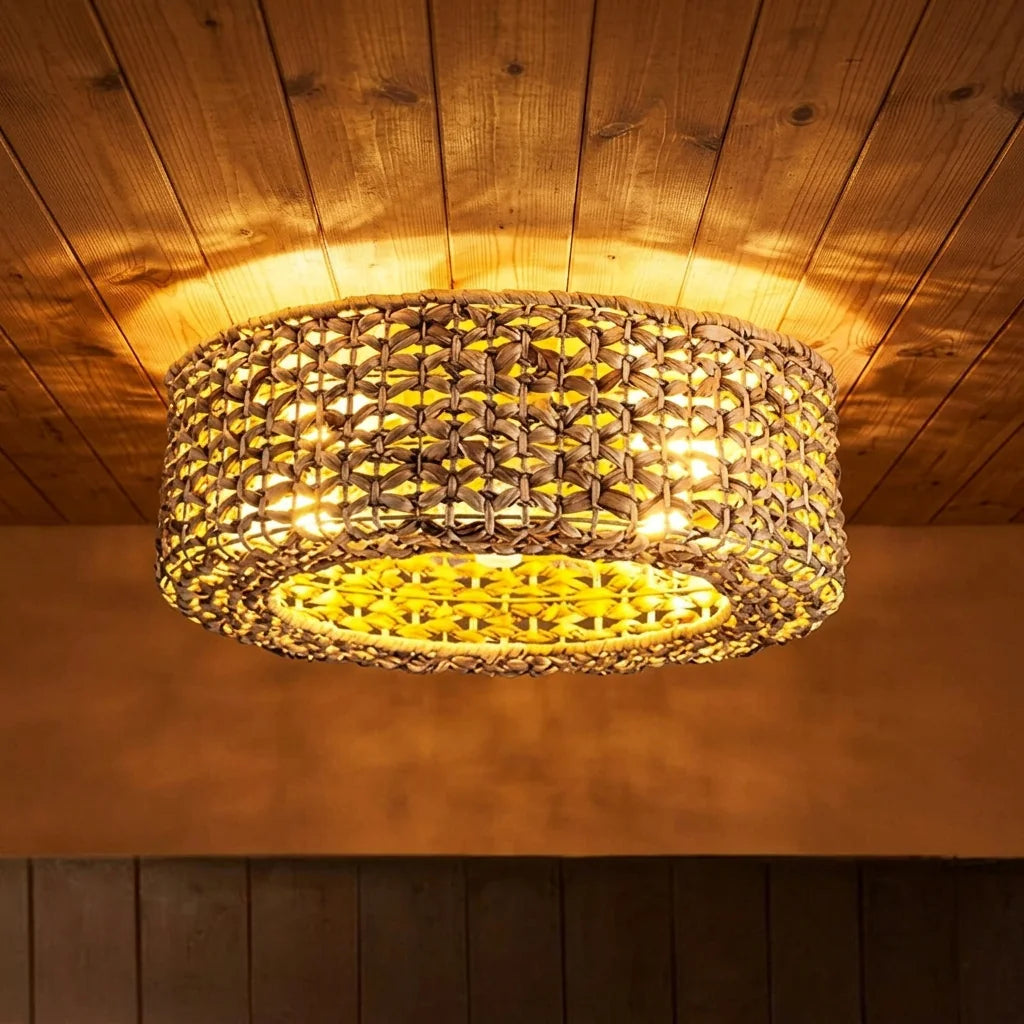 Világító tengerifű ventilátorlámpa fa mennyezeten