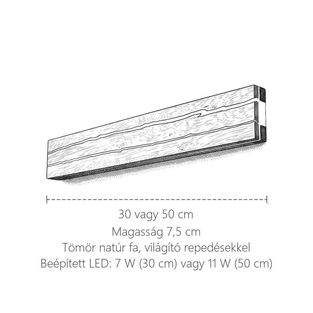 Repedezett fa LED fali lámpa méretei: 30 vagy 50 cm hosszú, 7,5 cm magas
