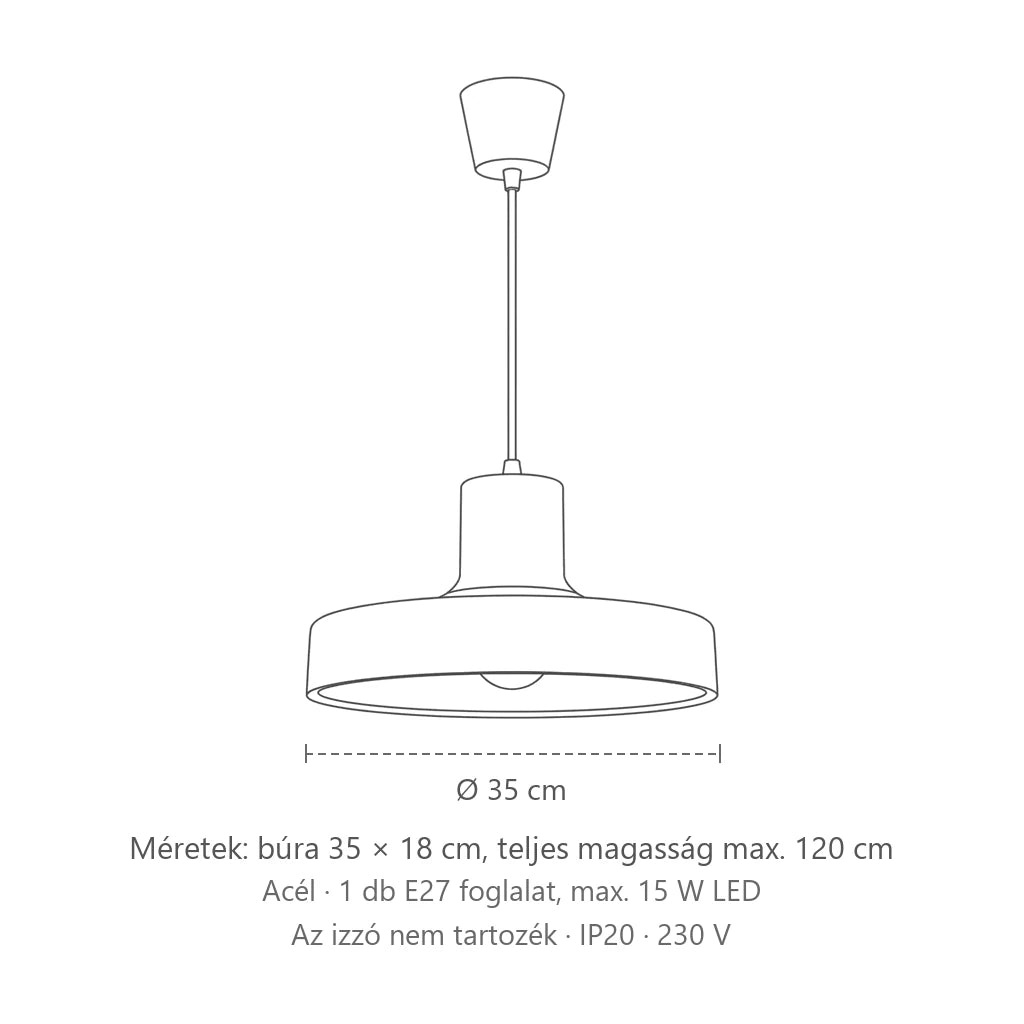 Retro acél függőlámpa ø 35 cm méretei: búra 35 × 18 cm, teljes magasság max. 120 cm