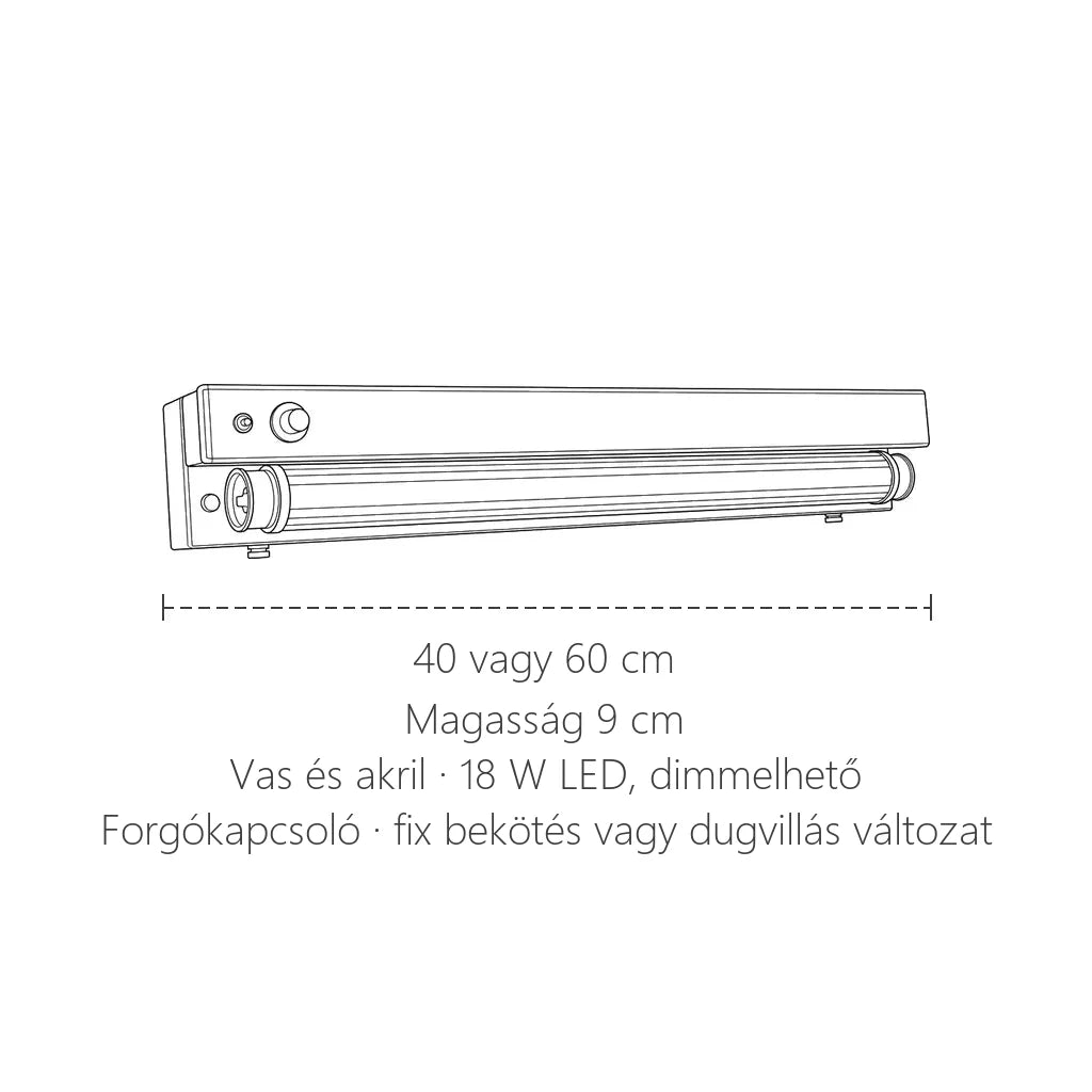 Retró Bauhaus LED fénycsöves fali lámpa méretei: 40 vagy 60 cm, 9 cm magas