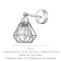Retró kalitkás fali lámpa, 1. modell méretei