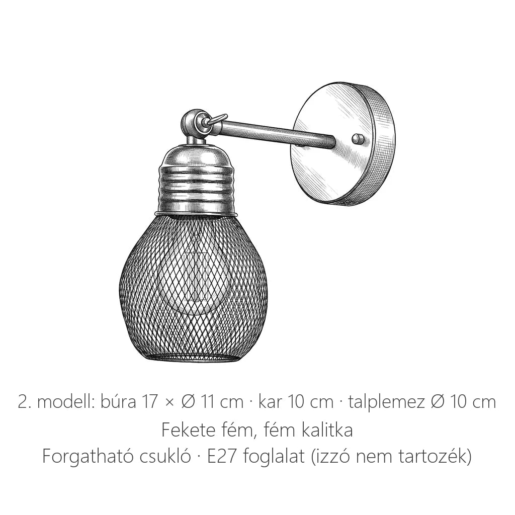 Retró kalitkás fali lámpa, 2. modell méretei