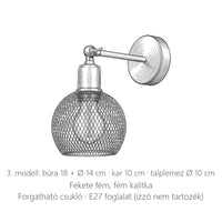 Retró kalitkás fali lámpa, 3. modell méretei