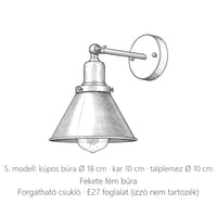 Retró fali lámpa kúpos búrával, 5. modell méretei