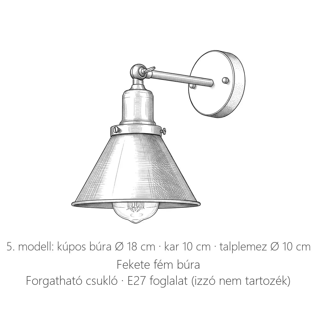 Retró fali lámpa kúpos búrával, 5. modell méretei