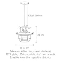 Ipari kalitkás függőlámpa méretei: Ø 23 cm, 23 cm magas