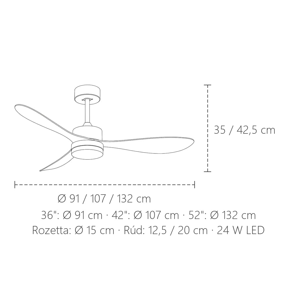 Retro mennyezeti ventilátor méretei: Ø 91–132 cm, 35 vagy 42,5 cm magas