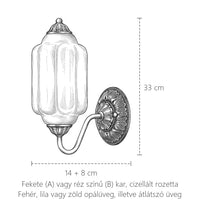 Retró opálüveg fali lámpa méretei: 33 cm magas