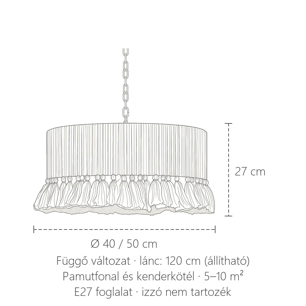 Függő változat méretei: Ø 40 / 50 cm, 27 cm magas