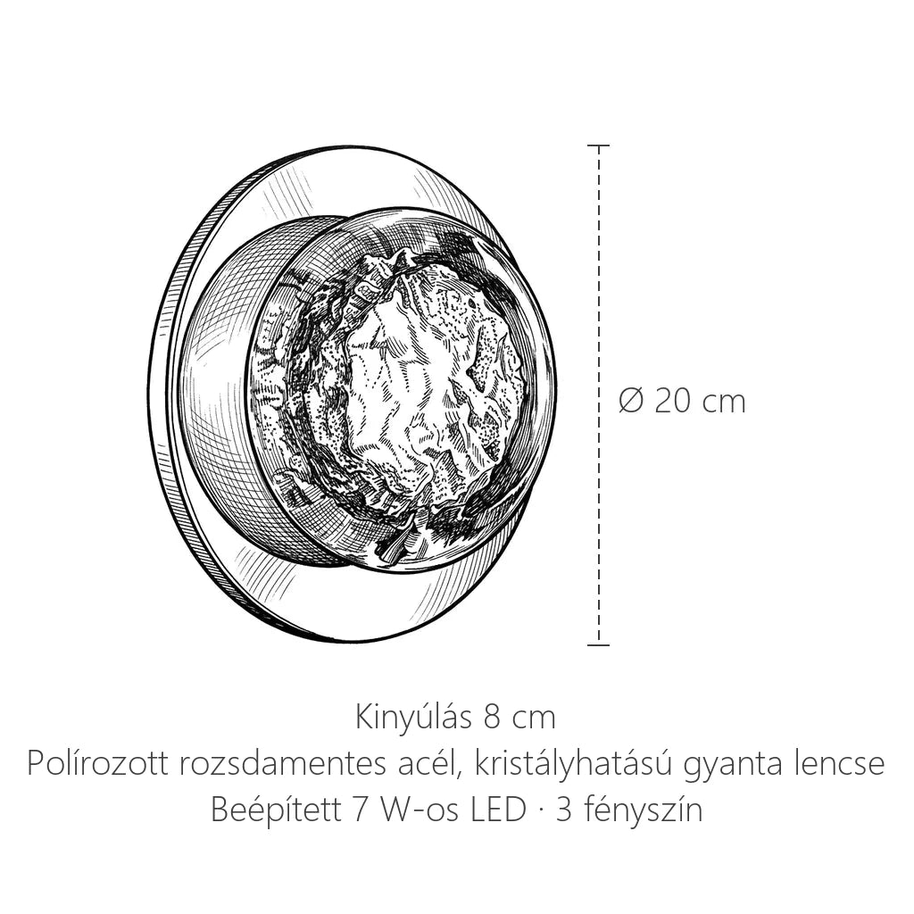 Rozsdamentes acél korong LED fali lámpa méretei: Ø 20 cm, kinyúlás 8 cm