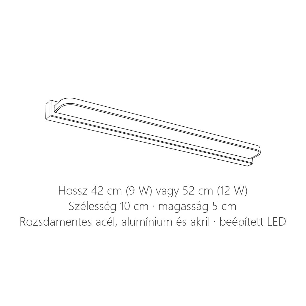 Rozsdamentes tükörvilágító LED lámpa méretei: 42 vagy 52 cm hosszú, 10 × 5 cm