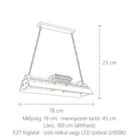 Ipari függőlámpa méretei: 78 cm hosszú, 23 cm magas