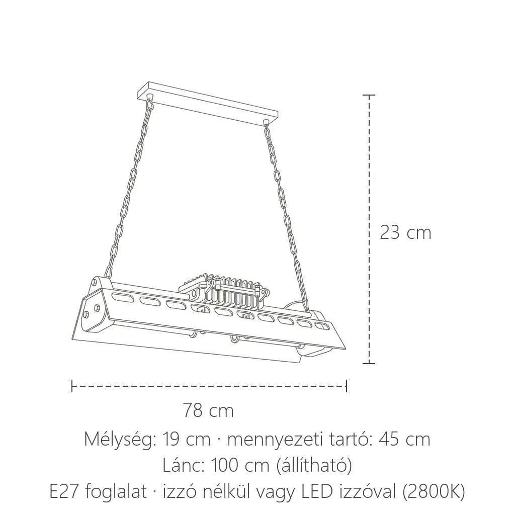 Ipari függőlámpa méretei: 78 cm hosszú, 23 cm magas
