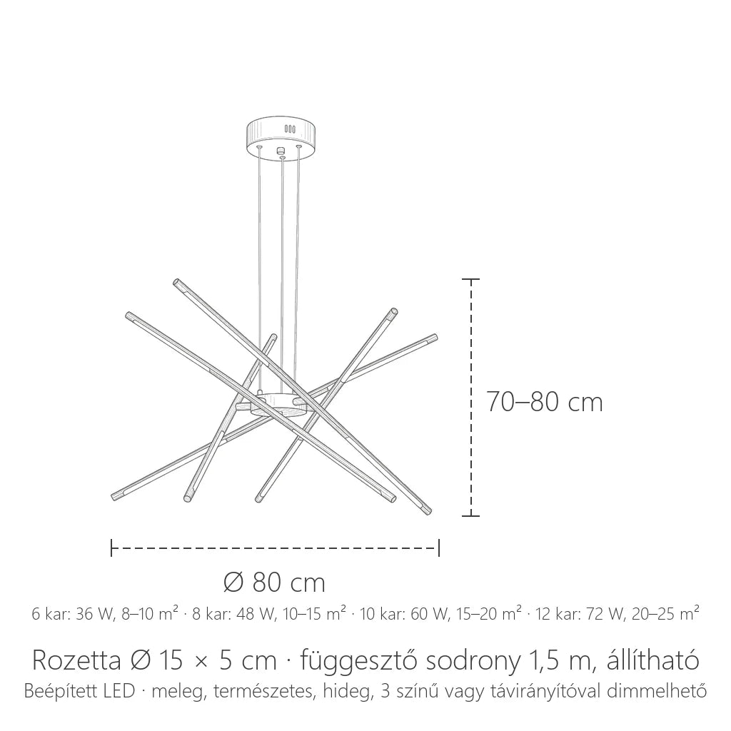 Rudas LED csillár méretei: Ø 80 cm, 70–80 cm magas