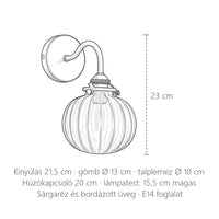 Sárgaréz bordázott üveggömb fali lámpa méretei: 23 cm magas, gömb Ø 13 cm