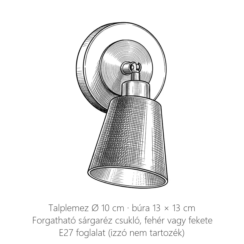 Kúpos spot fali lámpa méretei: talplemez Ø 10 cm, búra 13 × 13 cm
