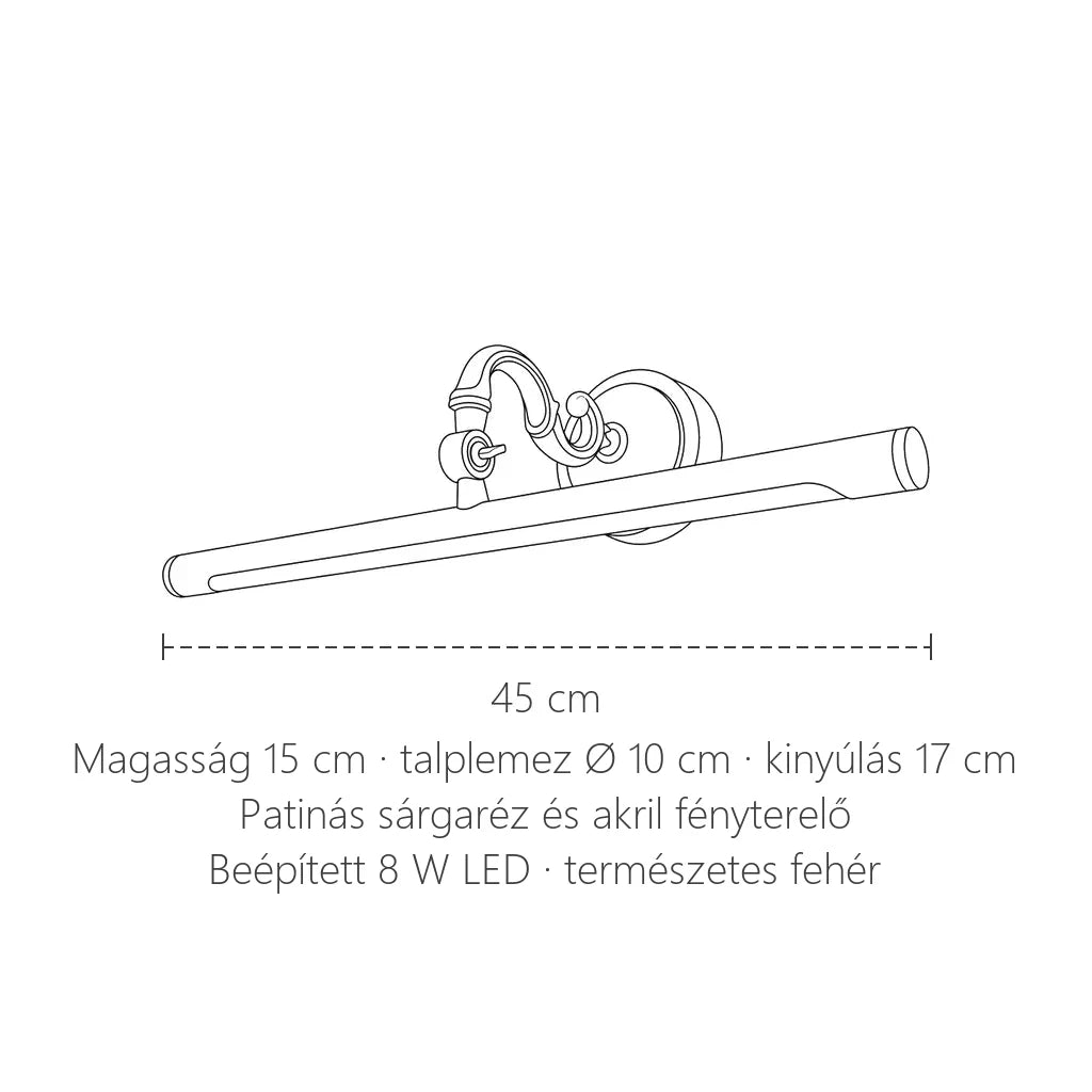 A sárgaréz kép- és tükörvilágító LED lámpa méretei: 45 × 15 cm, kinyúlás 17 cm