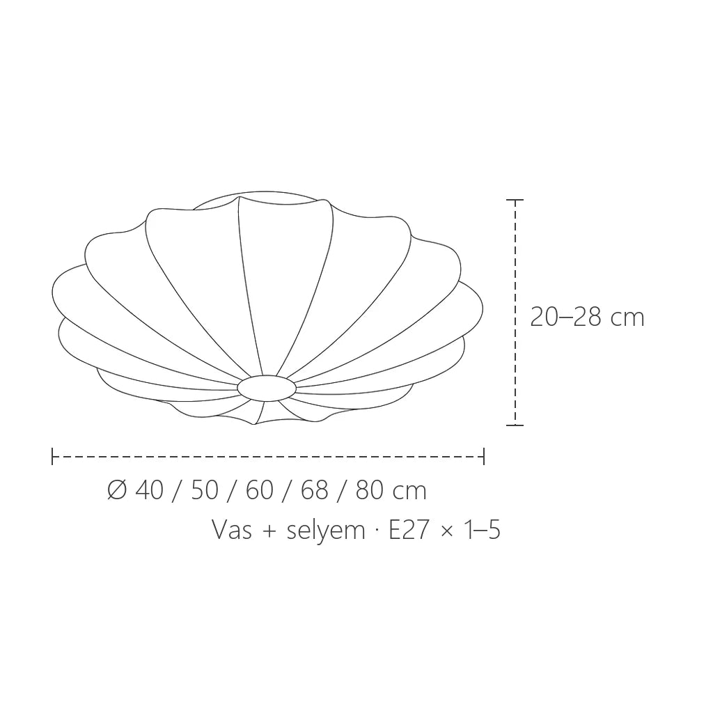 Selyem mennyezeti lámpa méretei: Ø 40–80 cm, 20–28 cm magas