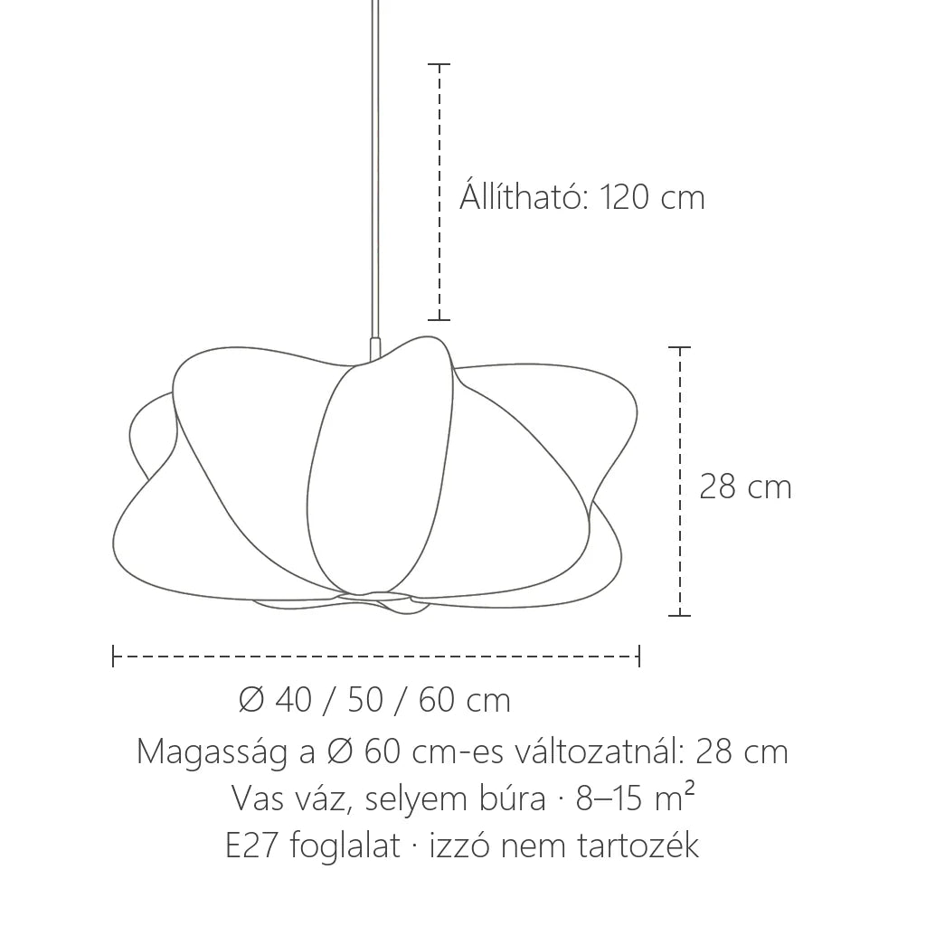 Selyem függőlámpa méretei: Ø 40 / 50 / 60 cm, 28 cm magas