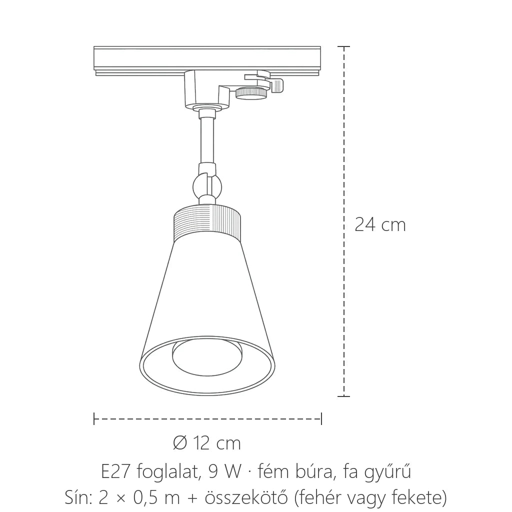 Sínes spotlámpa méretei: Ø 12 cm, 24 cm magas