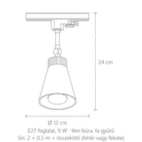 Sínes spotlámpa méretei: Ø 12 cm, 24 cm magas