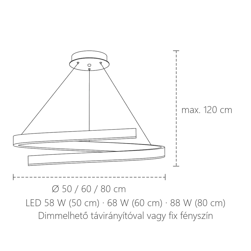 Spirál LED csillár méretei: Ø 50, 60 vagy 80 cm, max. 120 cm