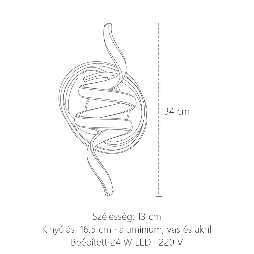 Spirál LED fali lámpa méretei: 34 cm magas, 13 cm széles