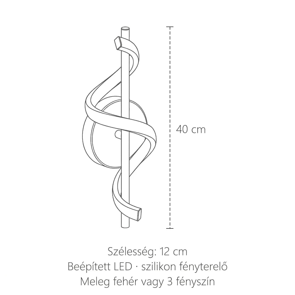 A spirál LED fali lámpa méretei: magasság 40 cm, szélesség 12 cm